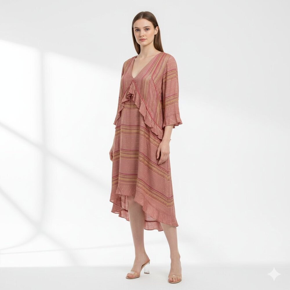 Intropia Embroidered High Low Midi Dress‎ Pink Gold Women 10